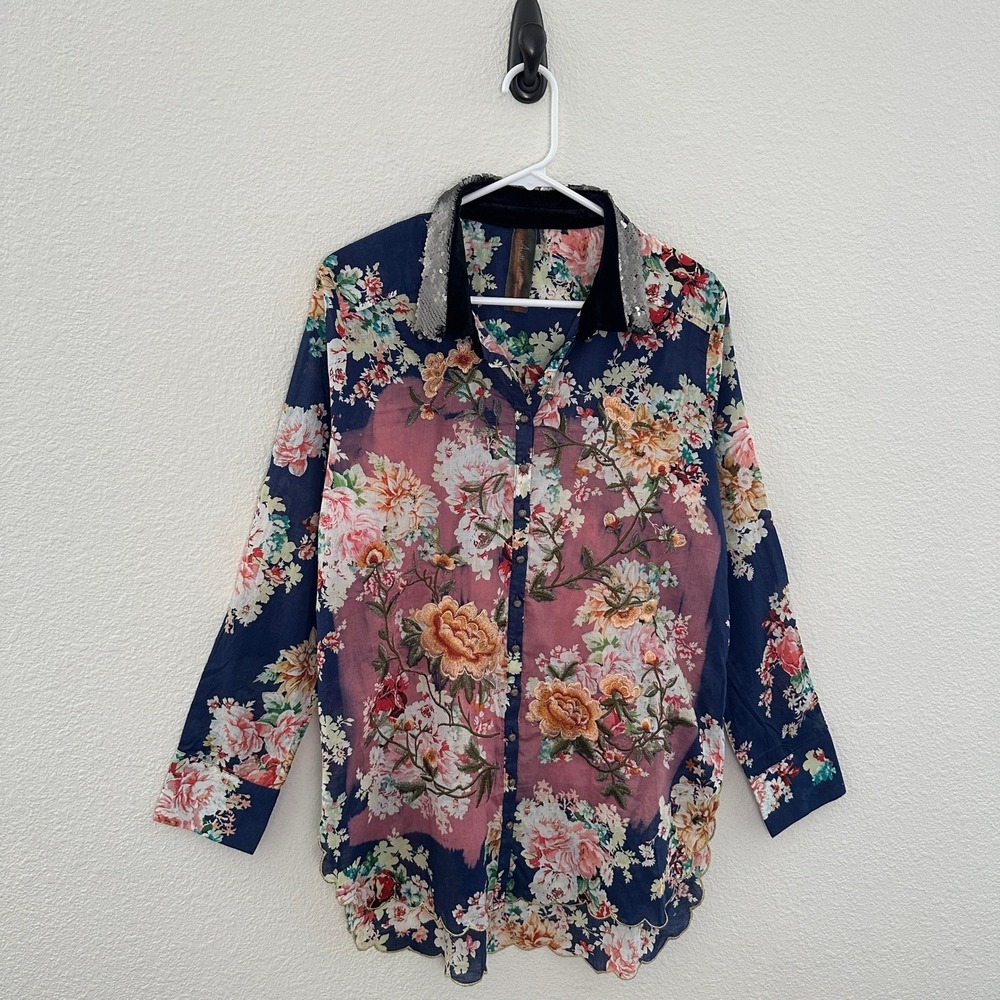 Aratta Silent Journey Button Down Women Size M Blue Floral Sequin Velvet Collar